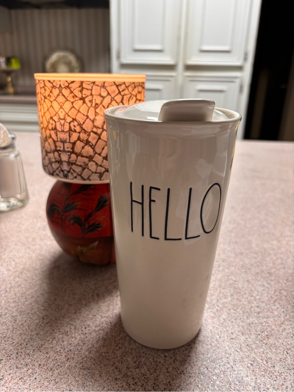 Rae Dunn White Ceramic Travel Mug with HELLO Print and Lid new
